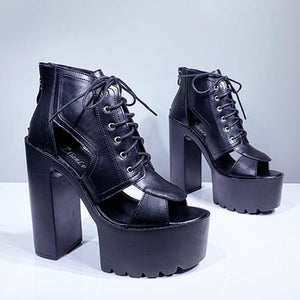 Women black peep to zipper lace up high platform heels