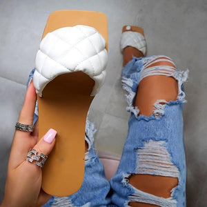 Women Quilted Square Peep Toe Slides Summer Slippers