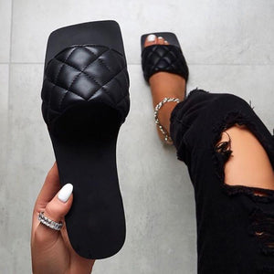 Women Quilted Square Peep Toe Slides Summer Slippers