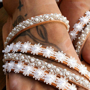 Women Rhinestone White Flowers Wedding Sandals
