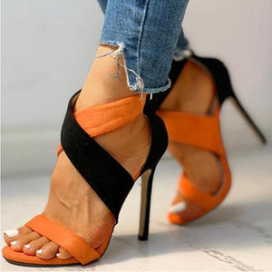 Women color block criss cross strap stiletto high heels
