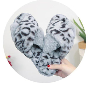 Fashion leopard criss cross furry slippers winter warm house shoes