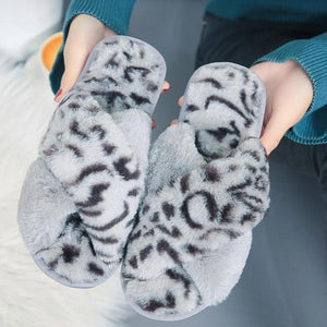 Fashion leopard criss cross furry slippers winter warm house shoes