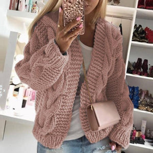 Women hooded knitted long sleeve chunky short cardigan