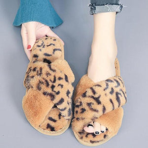 Fashion leopard criss cross furry slippers winter warm house shoes