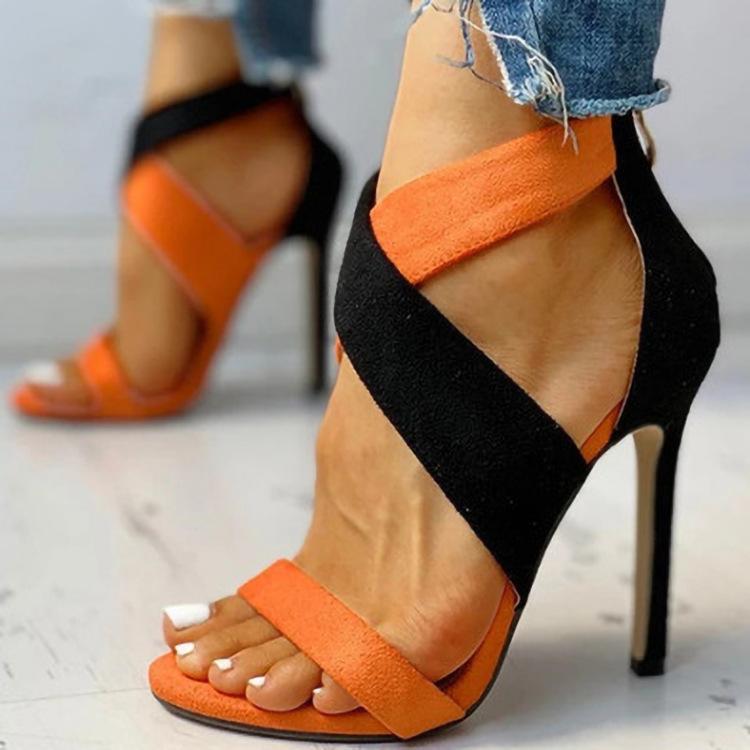 Women color block criss cross strap stiletto high heels