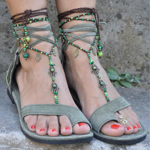 Women summer strappy lace up fringe ring toe flat sandals