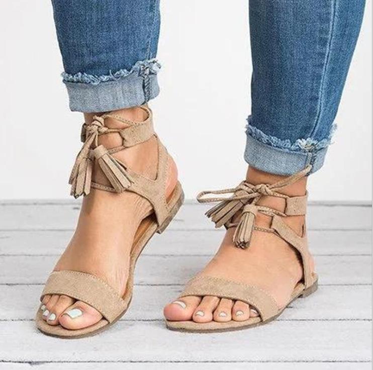 Women's ankle tie up flat peep toe sandals