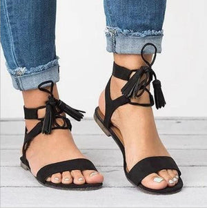 Women's ankle tie up flat peep toe sandals