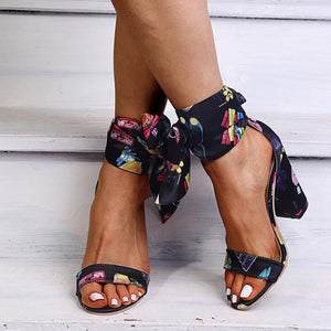 Women flower ankle strappy bow lace up peep toe chunky heels