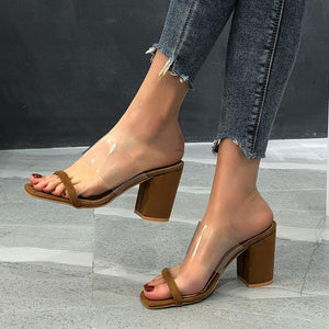 Women square peep toe two strap clear slide chunky heels