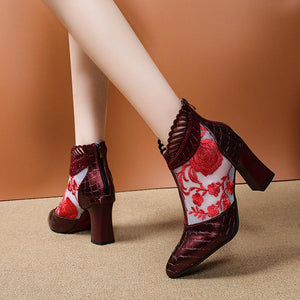 Women Pointed Toe Rhinestone Lace Embroidered Flowers Summer High Heeled Boots
