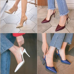 Women solid color buckle strap slingback pointed toe stiletto heels