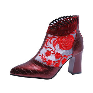 Women Pointed Toe Rhinestone Lace Embroidered Flowers Summer High Heeled Boots