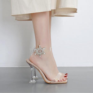 Women sunflower rhinestone wine block heel clear strap heels