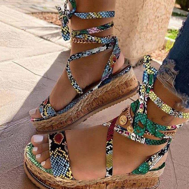 Women Snakeskin Lace Up Strappy Platform Sandals