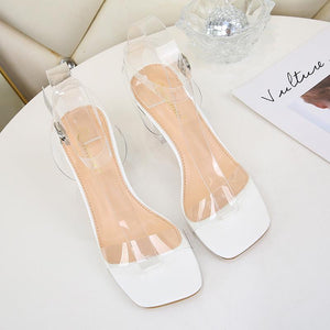 Women square peep toe buckle ankle strap chunky clear heels