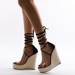 Women chunky high heel lace up strappy espadrille platform sandals