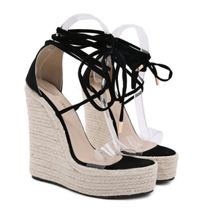 Women chunky high heel lace up strappy espadrille platform sandals