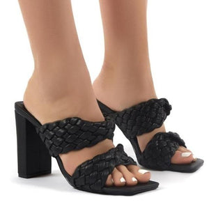 Women woven two strap peep toe slide chunky heels