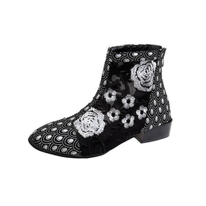 Women Flowers Embroidery Folk Custom Hollow Out Back Zipper Square Toed Boots
