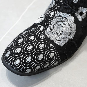 Women Flowers Embroidery Folk Custom Hollow Out Back Zipper Square Toed Boots