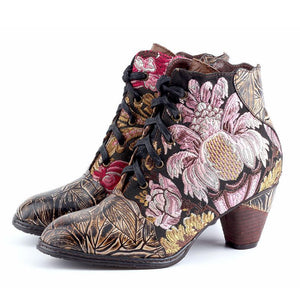 Women embroidered flower lace up side zipper block heel boots