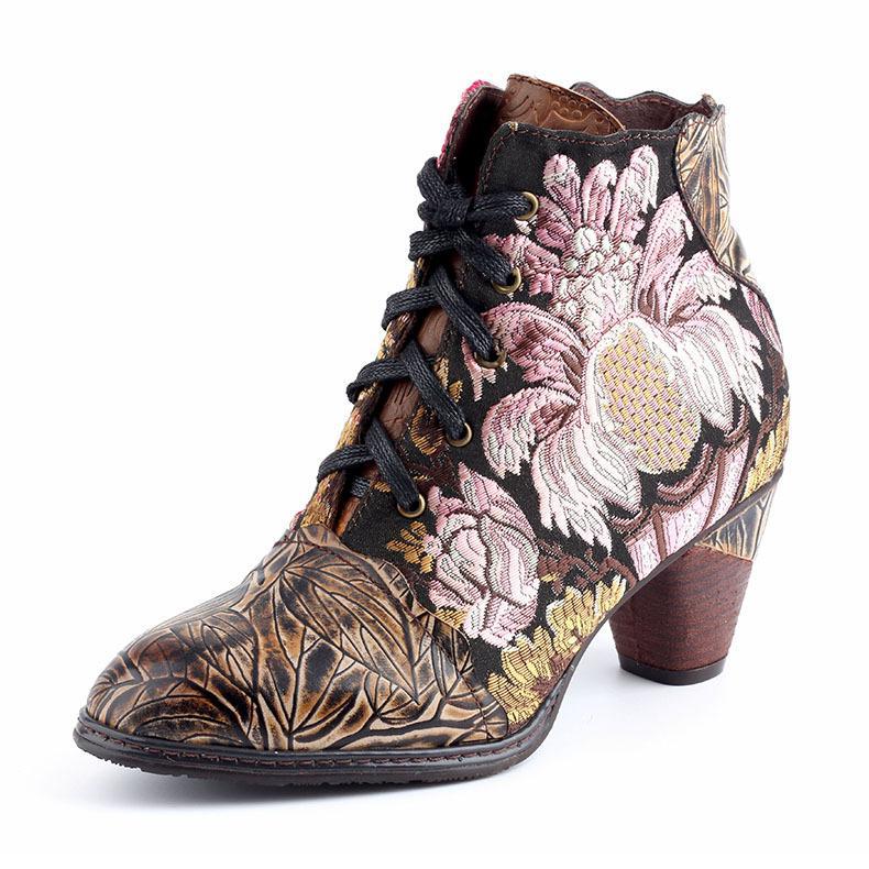 Women embroidered flower lace up side zipper block heel boots