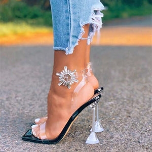 Women sunflower rhinestone wine block heel clear strap heels