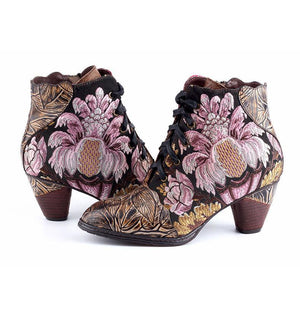 Women embroidered flower lace up side zipper block heel boots