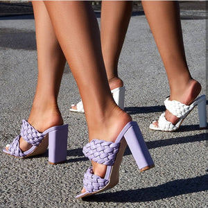 Women woven two strap peep toe slide chunky heels
