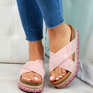 Women chunky heel platform criss 
cross strap flatform slide sandals