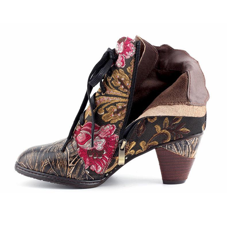 Women embroidered flower lace up side zipper block heel boots