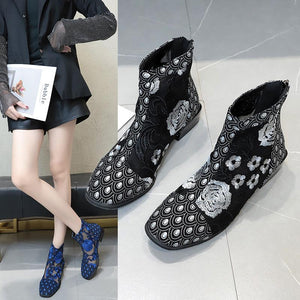 Women Flowers Embroidery Folk Custom Hollow Out Back Zipper Square Toed Boots