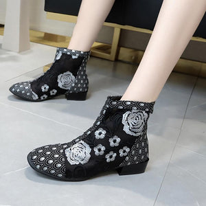 Women Flowers Embroidery Folk Custom Hollow Out Back Zipper Square Toed Boots