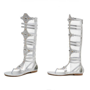 Women summer fashion studded hollow breathable knee high gladiator sandals