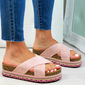 Women chunky heel platform criss 
cross strap flatform slide sandals