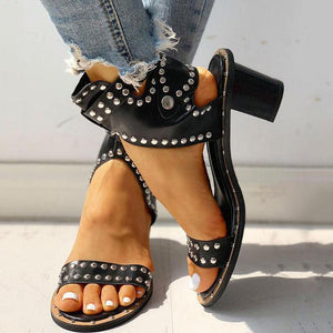 Women rivets PU leather open toe chunky low heel sandals