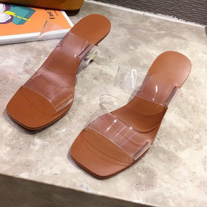 Women square peep toe two strap slide summer high heels