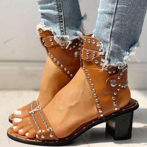 Women rivets PU leather open toe chunky low heel sandals