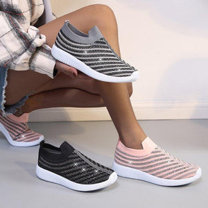 Women striped sparkly rhinestone sock slip on sneakers