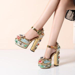 Women peep toe sparkly rhinestone chunky heel platform gold heels