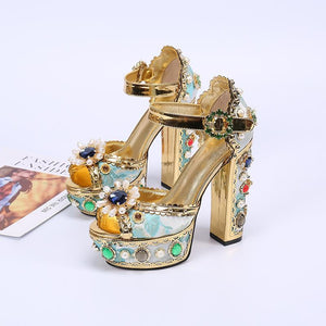 Women peep toe sparkly rhinestone chunky heel platform gold heels
