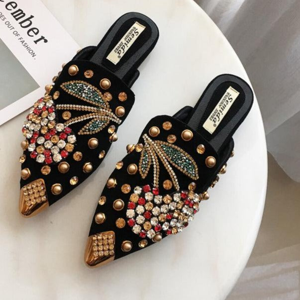 Women rhinestone studded pointed closed toe mules shoes sandals