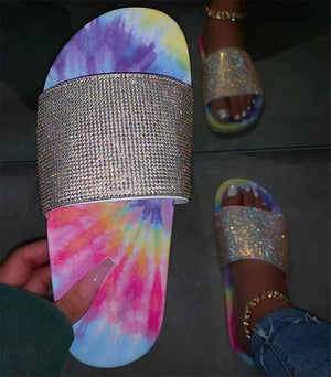 Women Summer Shoes Multicolor Flat Heel Rhinestone Slide Sandals