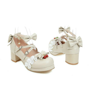 Women cute bow lolita chunky block heel loafers shoes
