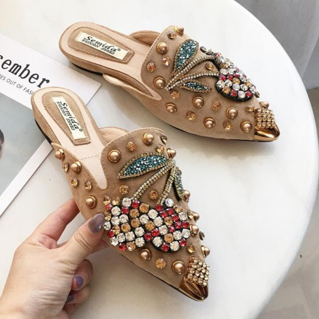 Women rhinestone studded pointed closed toe mules shoes sandals