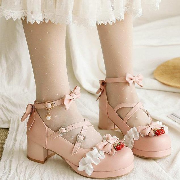 Women cute bow lolita chunky block heel loafers shoes