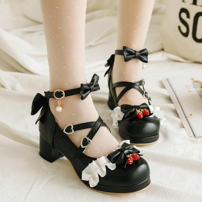 Women cute bow lolita chunky block heel loafers shoes