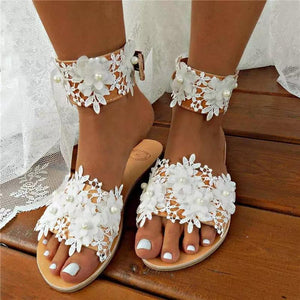 Women white floral wedding sandals ankle strap beach bridal sandals